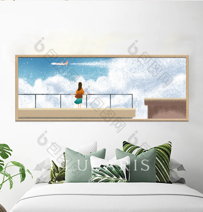 手绘天台上的风景儿童房卧室装饰画