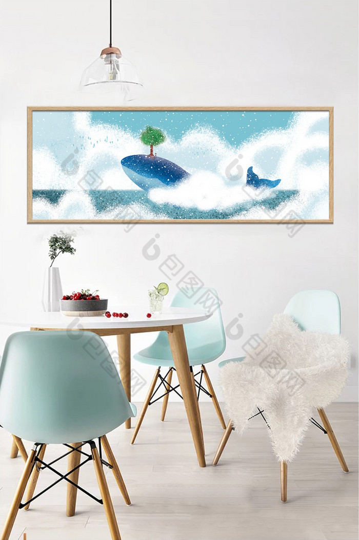 手绘蓝天白云鲸鱼风景儿童房卧室装饰画图片图片