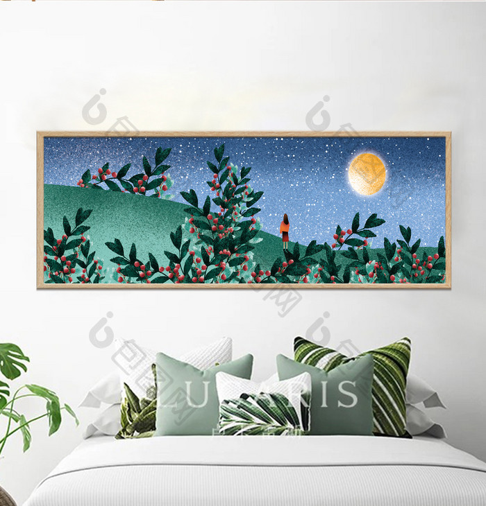 手绘夜晚丛林植物风景儿童房卧室装饰画