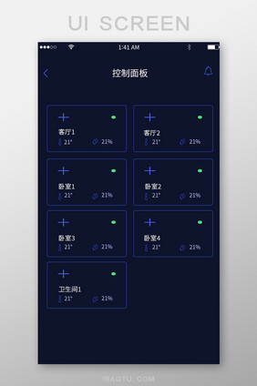 深蓝色夜间模式家庭温度湿度控制面板