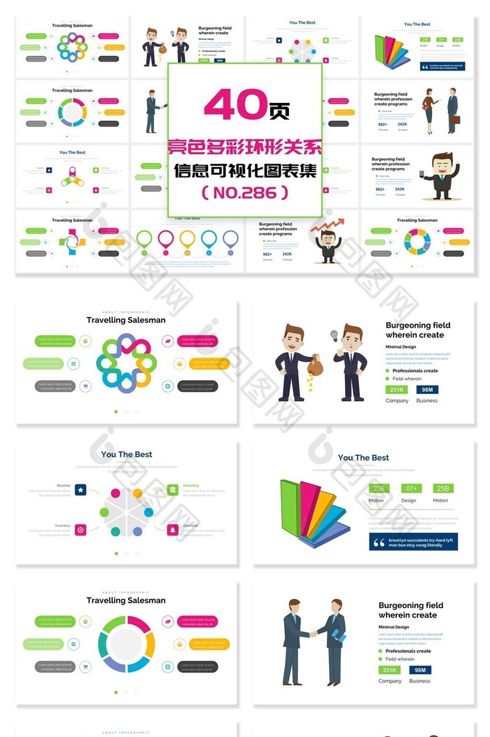 40页亮色多彩环形信息可视化PPT图表