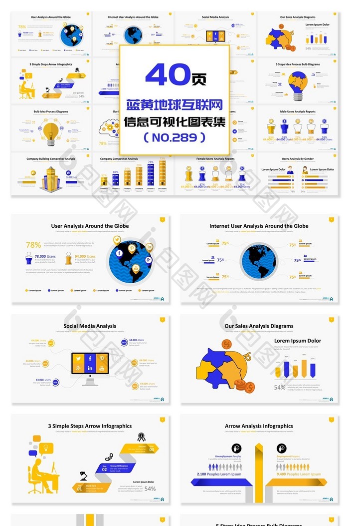 40页蓝黄地球信息可视化PPT图表图片图片