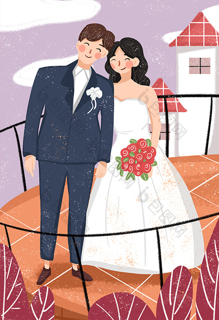 唯美清新结婚婚礼夫妻恩爱插画