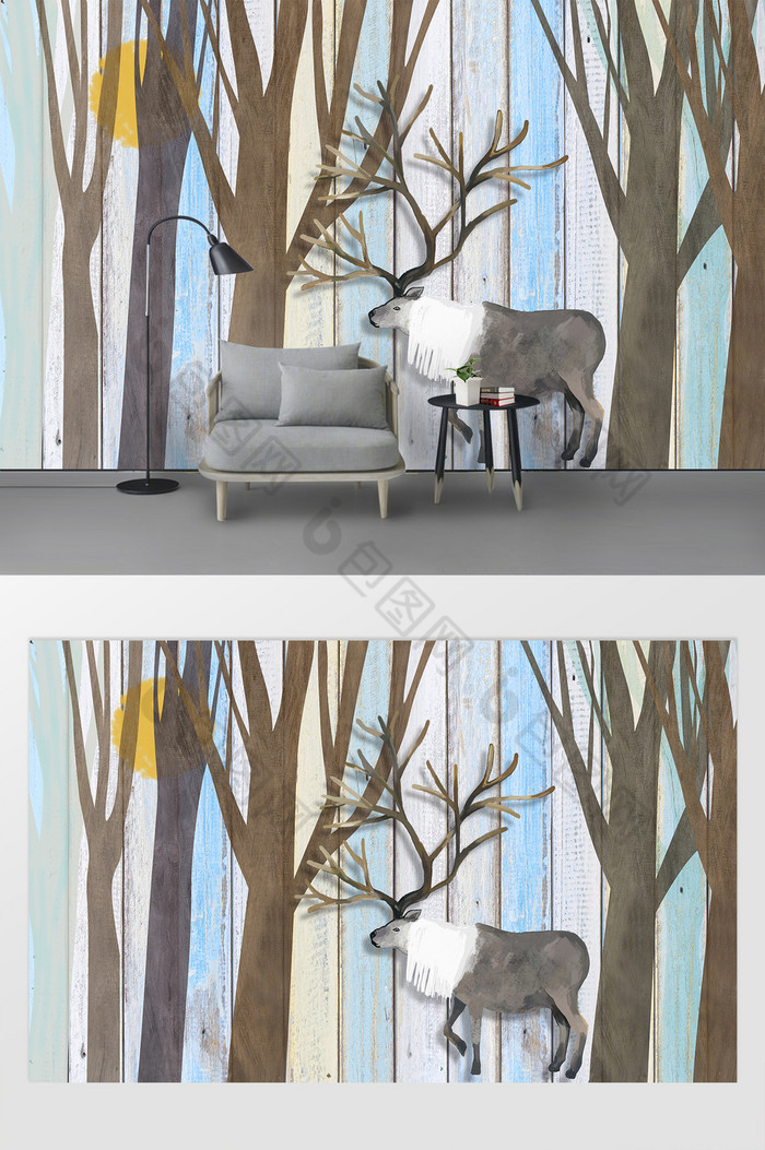 欧式现代树林麋鹿背景墙图片图片