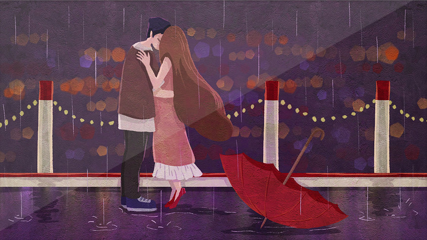情人节浪漫雨中拥吻gif动态插画图片