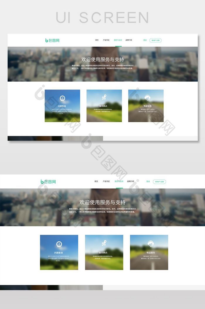蓝绿色简约大气服务支持网页详情页