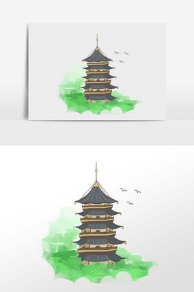 手绘地标建筑雷峰塔插画