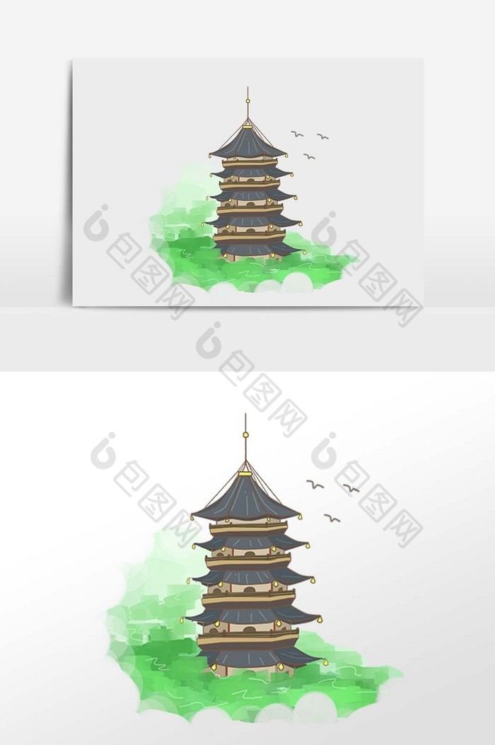 手绘地标建筑雷峰塔插画