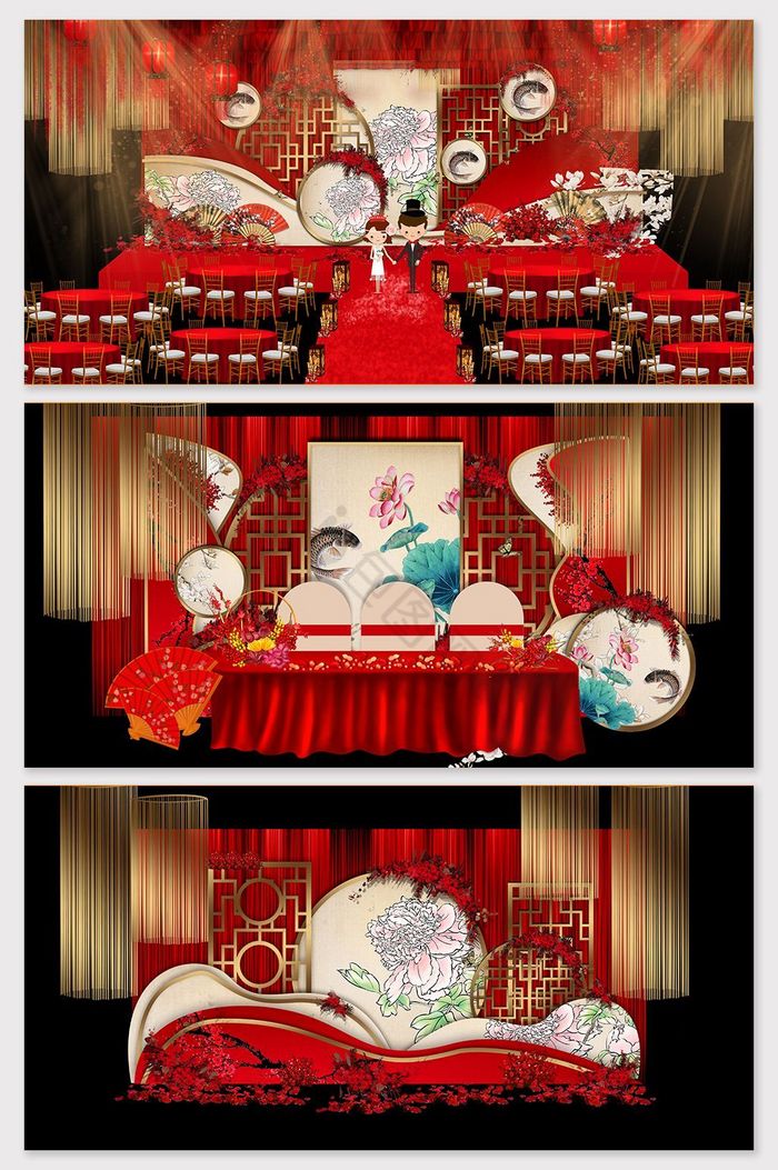 新中式红色喜庆大气婚礼舞台效果图图片