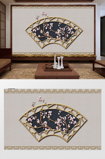 中式大气简洁金色窗格花枝时尚客厅背景墙图片