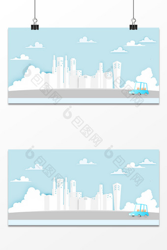 马卡龙蓝色清新出行旅游剪纸风格背景图片