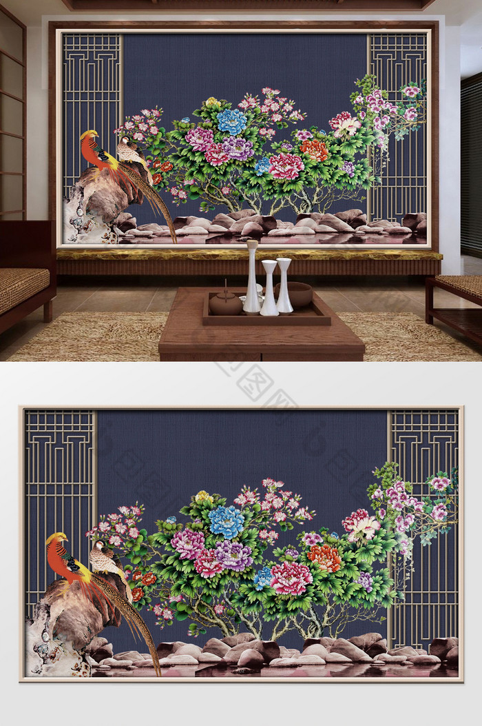 中式花卉富贵花开花鸟电视背景墙图片图片