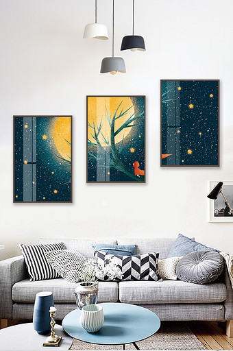 手绘月亮下的树木风景儿童房卧室晶磁装饰画图片