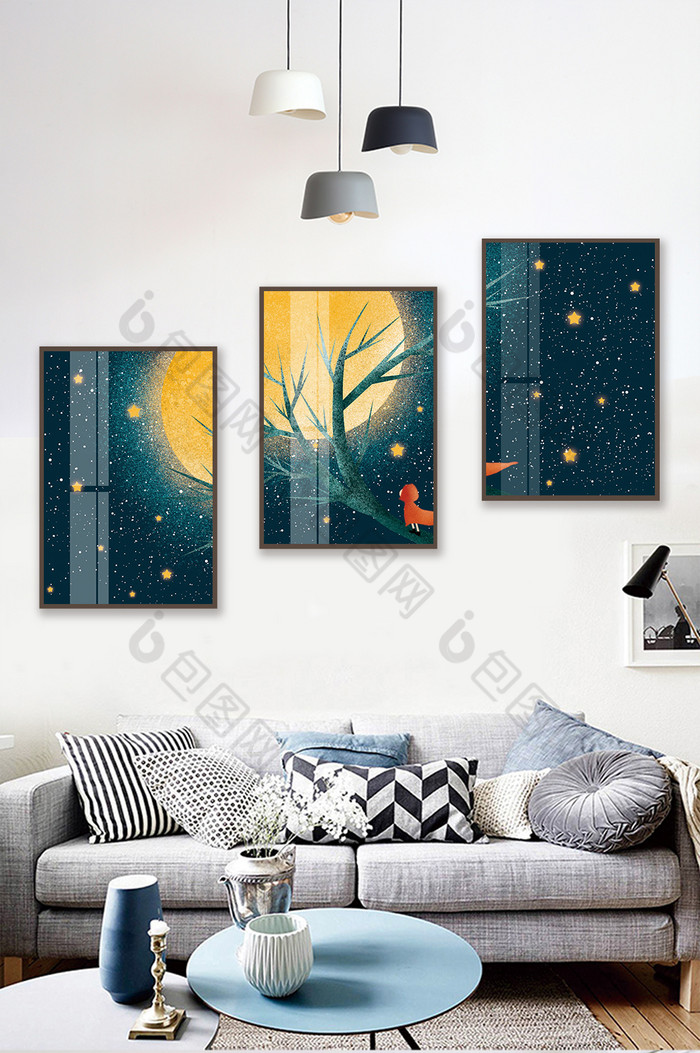 手绘月亮下的树木风景儿童房卧室晶磁装饰画图片图片
