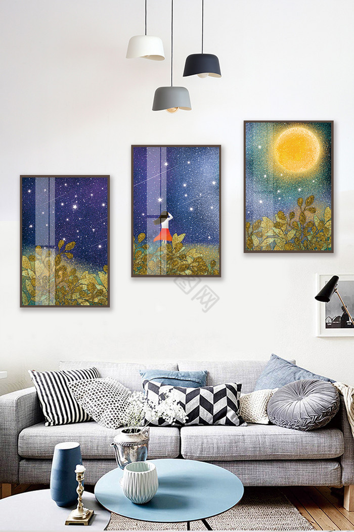 手绘丛林星空月亮下的女孩风景儿童房装饰画图片