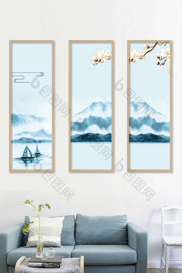 中式水墨山水风景玉兰禅意客厅装饰画