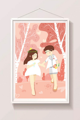 粉色情侣浪漫婚礼手绘插画图片
