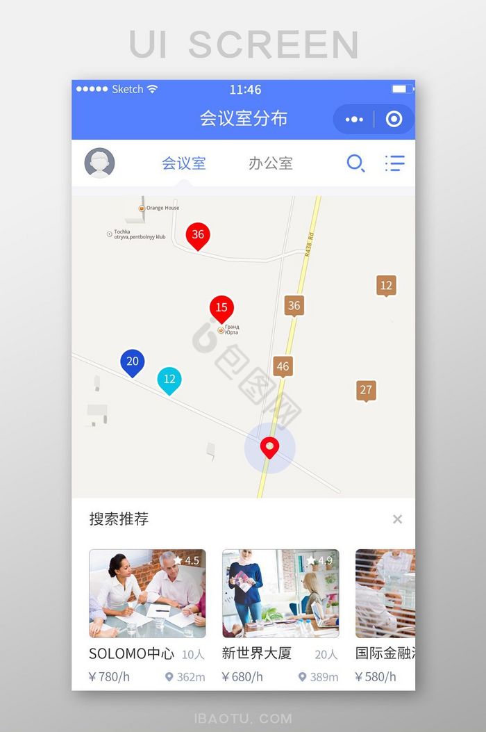 地图定位会议室分布搜索结果列表页面图片
