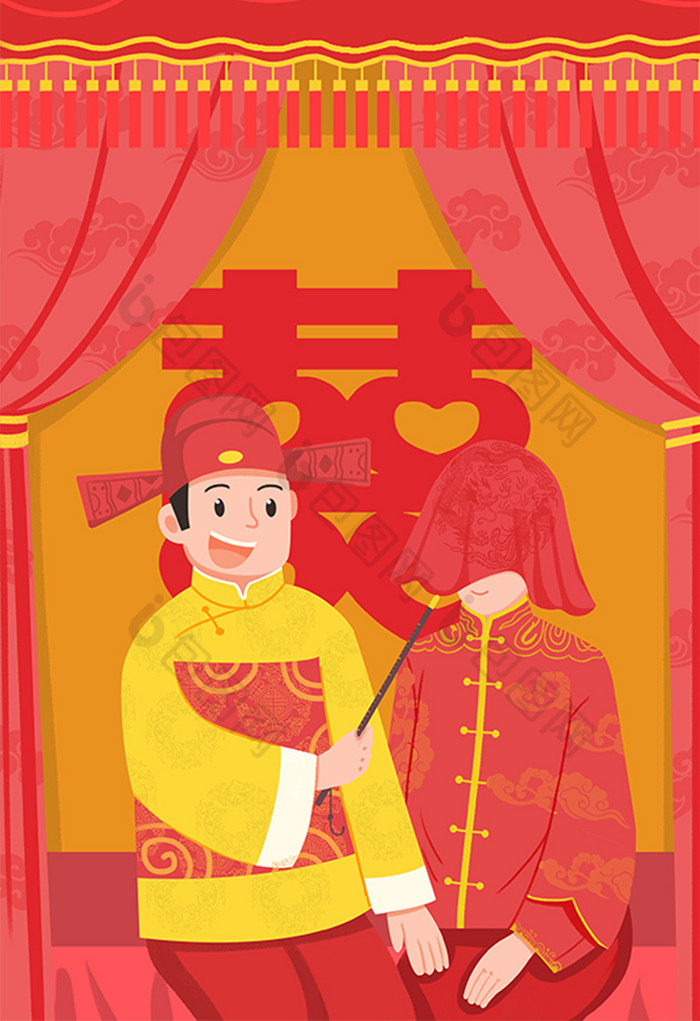浪漫结婚婚礼夫妻洞房插画图片