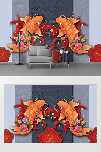 现代时尚新年红鲤鱼花卉电视背景墙图片