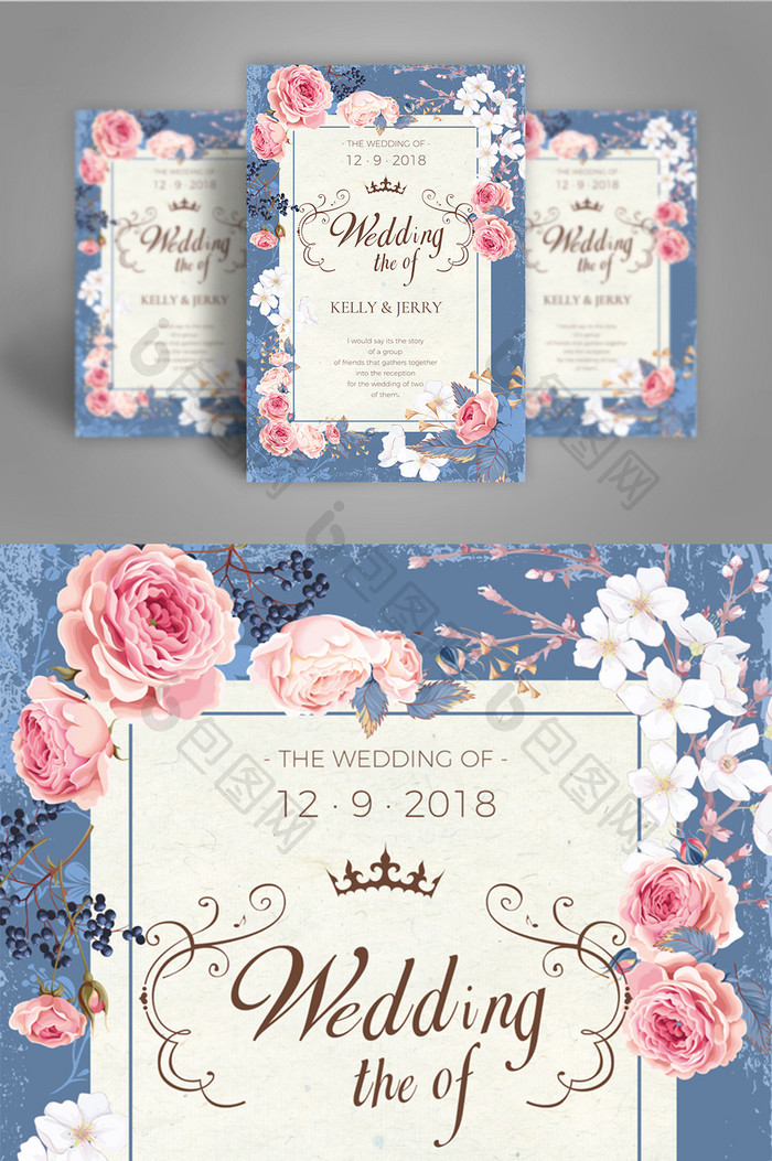 蓝色花玫瑰温暖浪漫甜蜜的婚礼传单海报