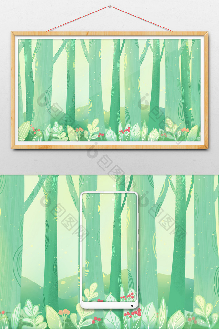 手绘绿色调树林插画背景