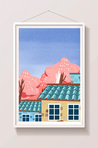 手绘晴空下的房屋插画背景图片
