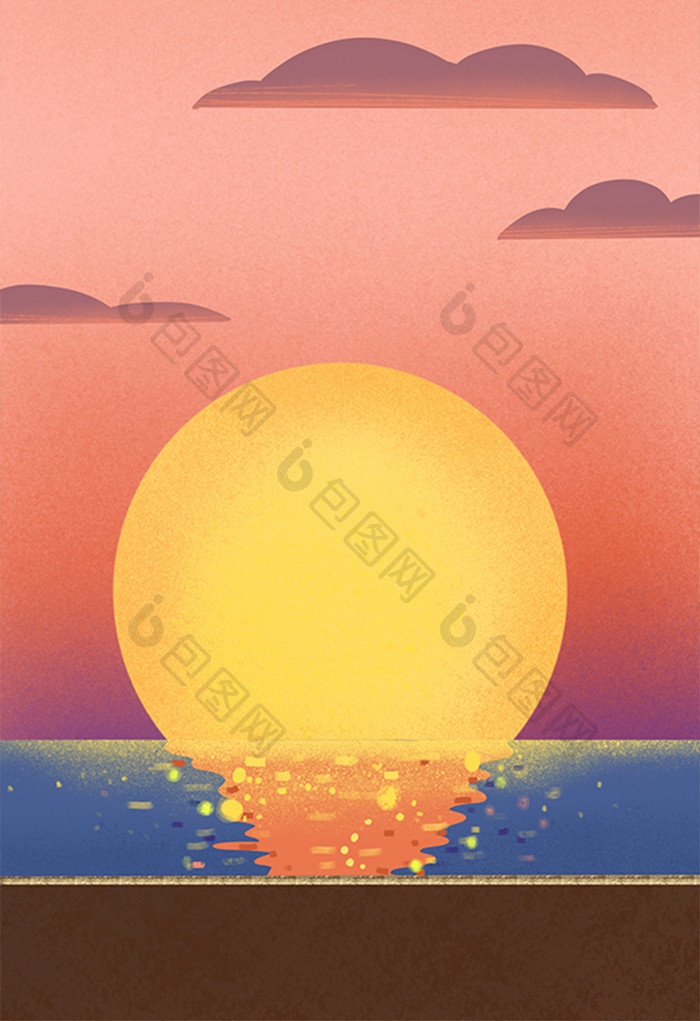 手绘夕阳下的太阳插画背景