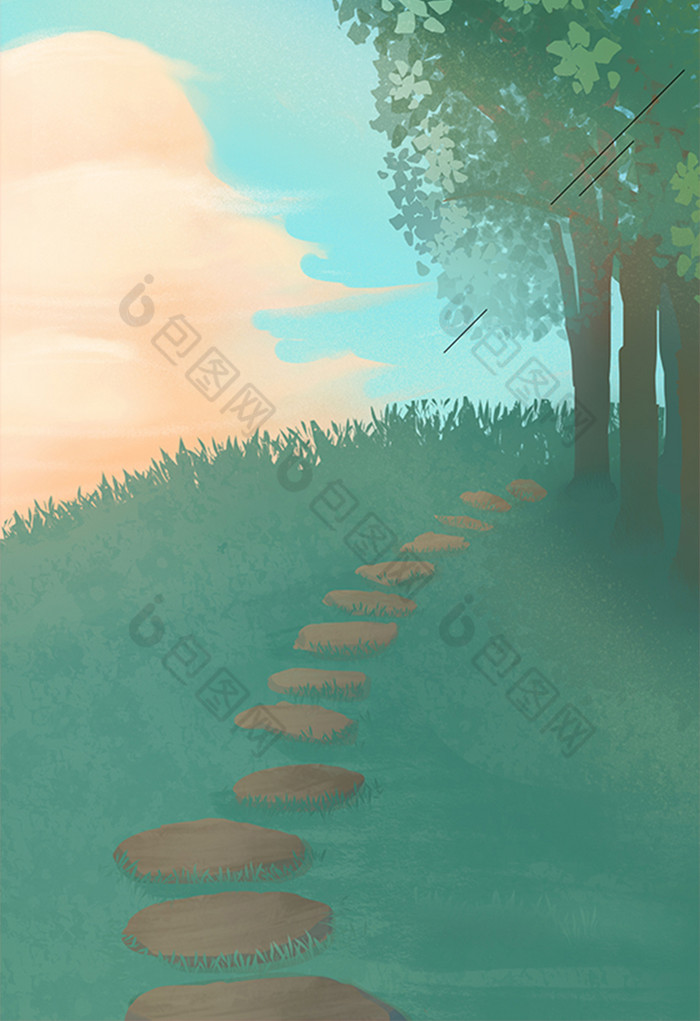 草地中的小路插画图片