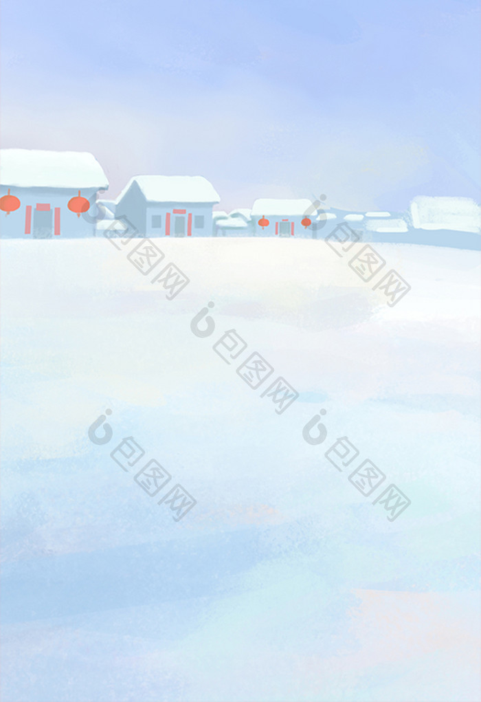 手绘白色调雪地上的房子插画背景
