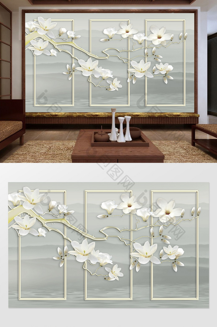 中式烫金框条花卉背景墙