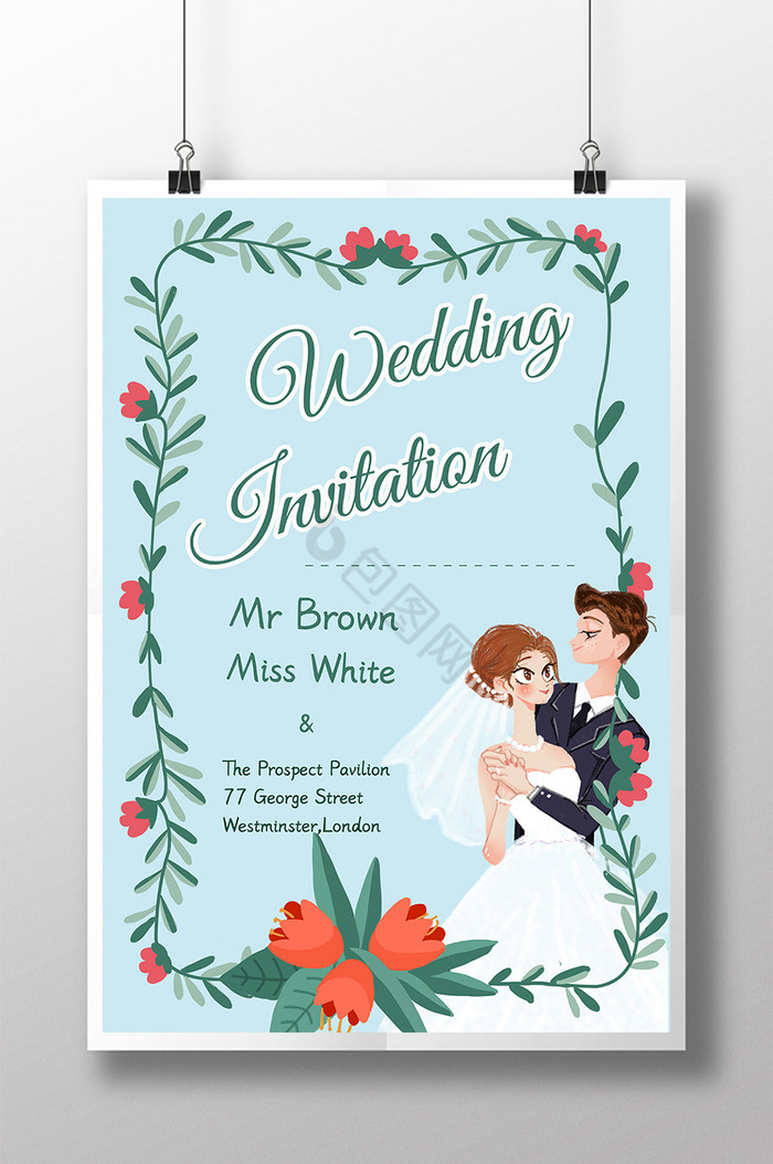 结婚的鲜花被新婚夫妇幸福的邀请卡环绕图片