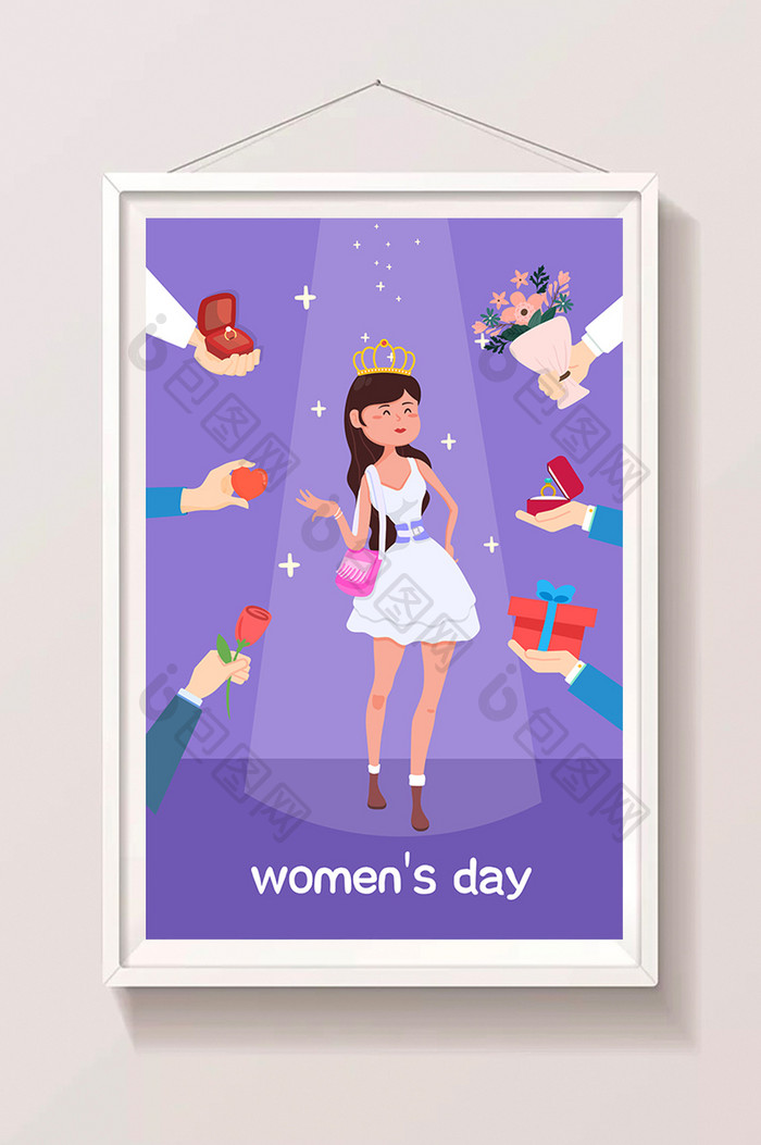 卡通女王女神节女生妇女节app海报插画