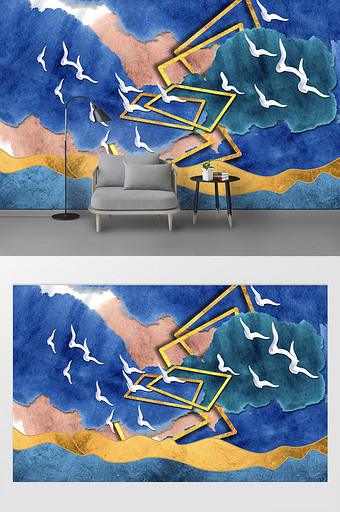 现代时尚创意手绘水彩山峰飞鸟电视背景墙图片