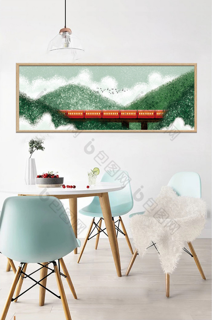 手绘森林里的火车风景儿童房卧室装饰画图片图片