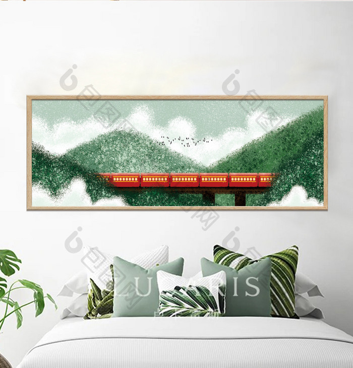 手绘森林里的火车风景儿童房卧室装饰画