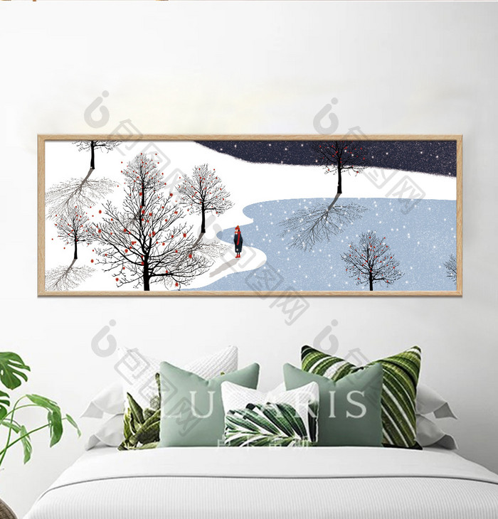 手绘冬季森林风景客厅卧室床头装饰画