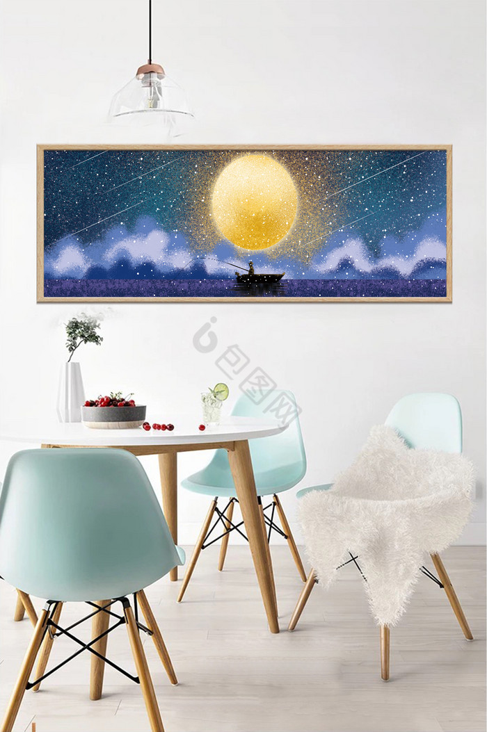 手绘夜晚星空月亮下的船只风景卧室装饰画图片