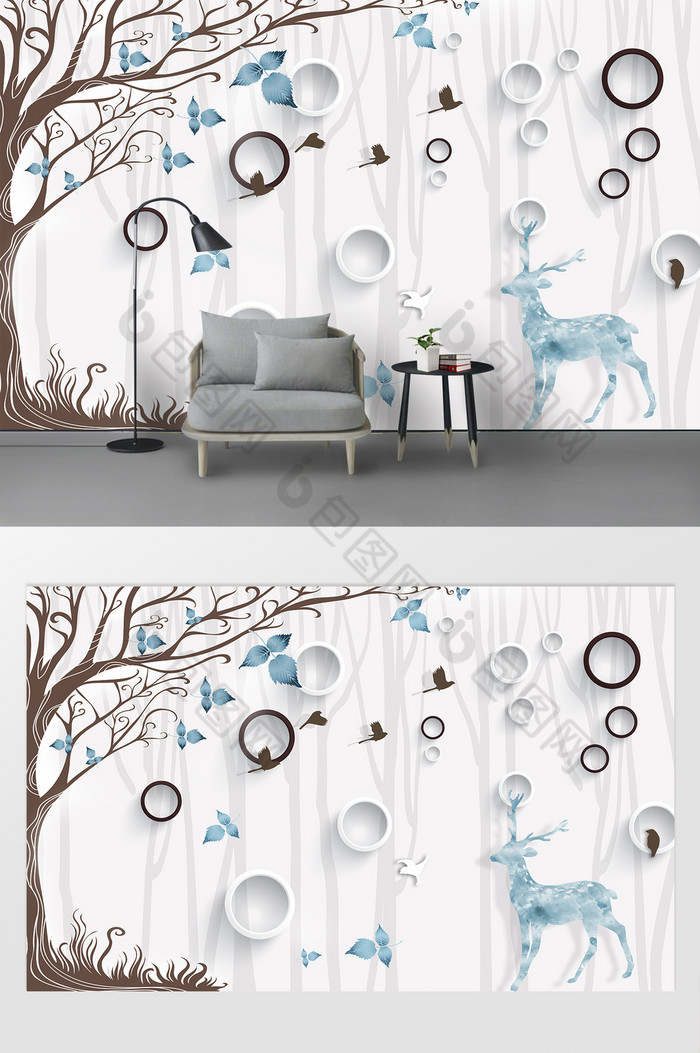 现代简欧麋鹿树木背景墙图片图片