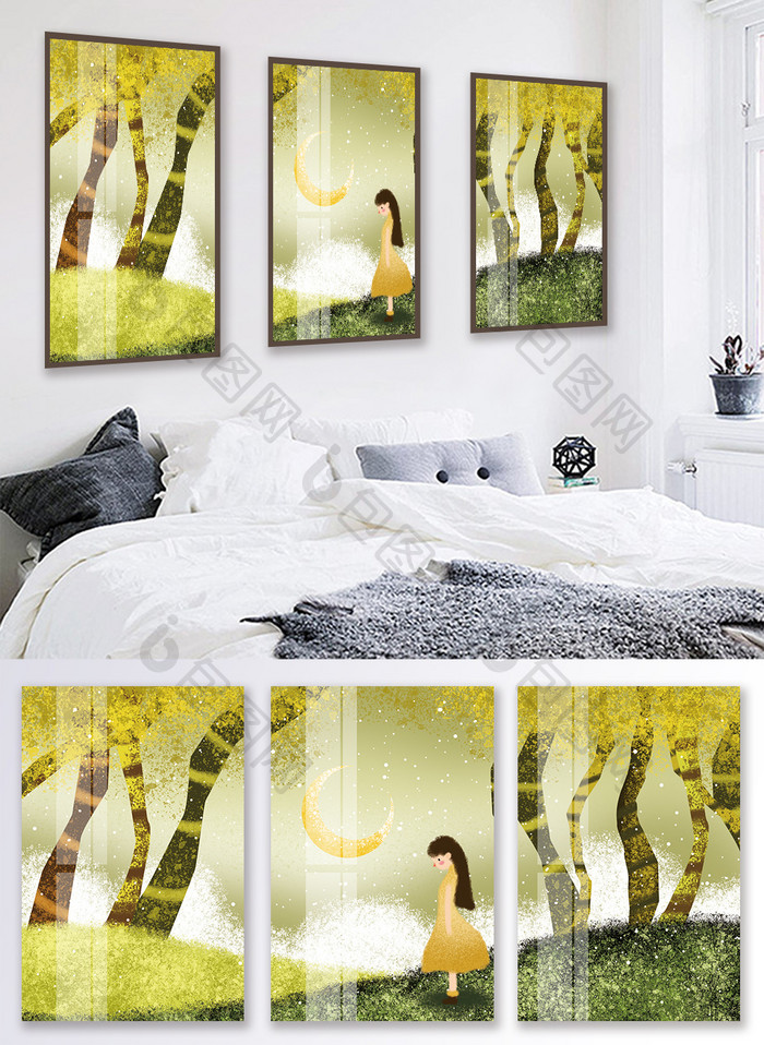 手绘森林树木女孩风景儿童房卧室晶磁装饰画