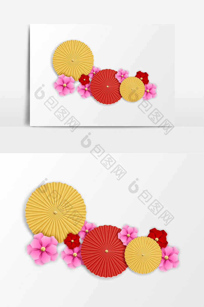 中国传统雨伞花卉鲜艳春节除夕元素