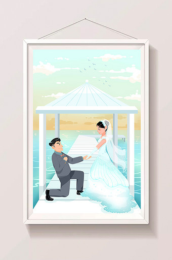 清新扁平卡通婚庆情人夫妻婚纱海边婚礼插画图片