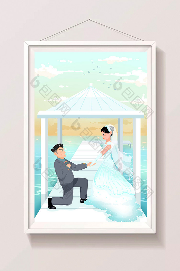 清新扁平卡通婚庆情人夫妻婚纱海边婚礼插画