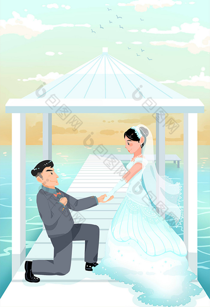 清新扁平卡通婚庆情人夫妻婚纱海边婚礼插画
