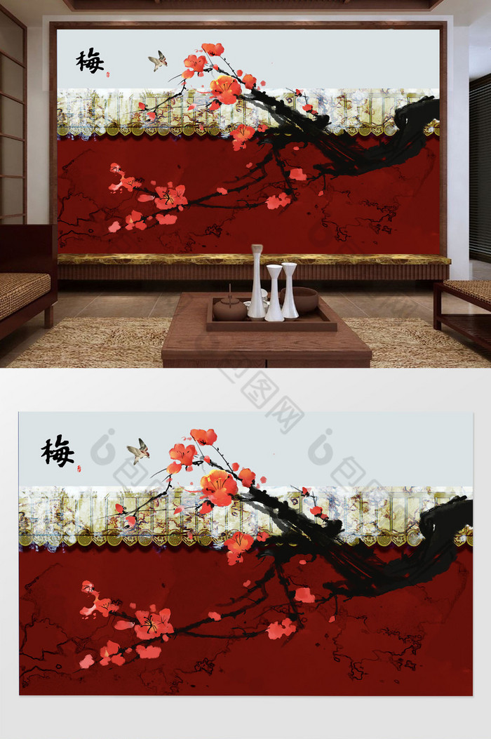新中式手绘水墨梅花电视背景墙图片图片