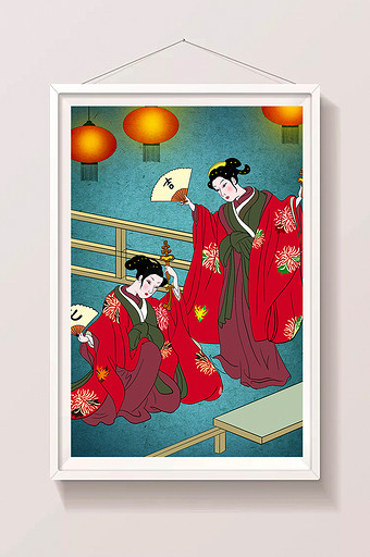 浮世绘节日新年舞蹈庆祝祭祀灯笼古典插画图片