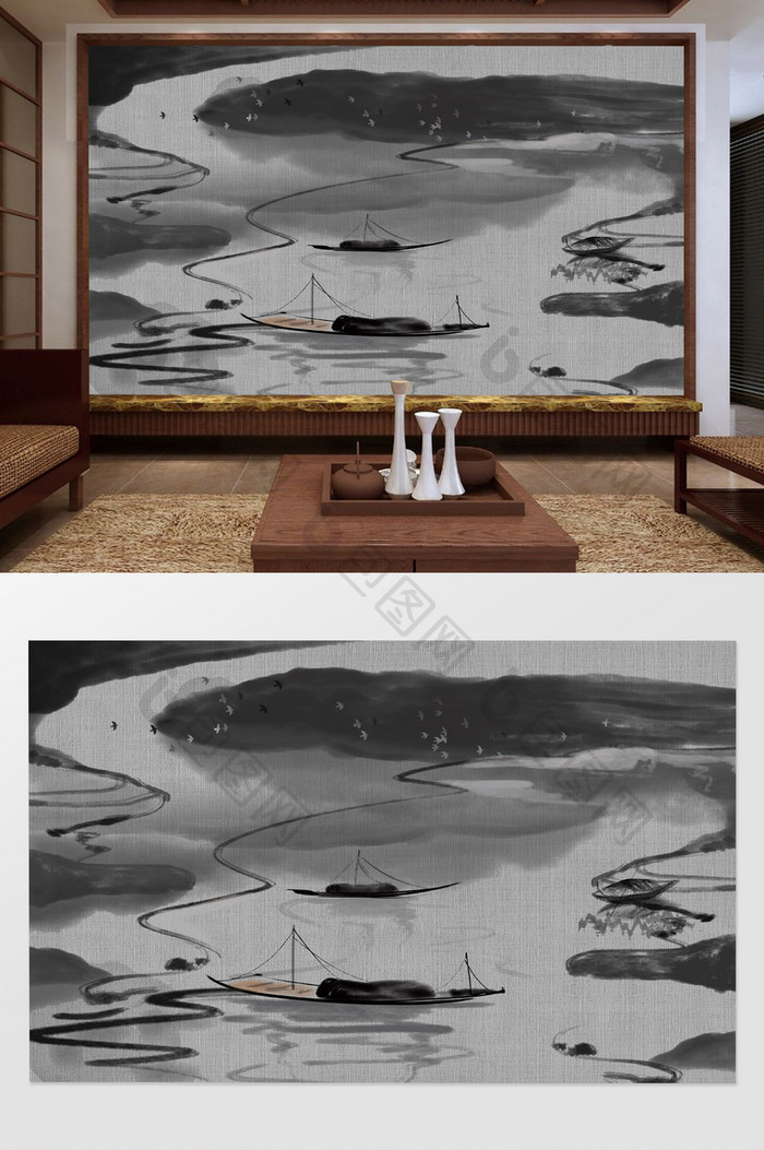 中式手绘艺术禅意山水电视背景墙