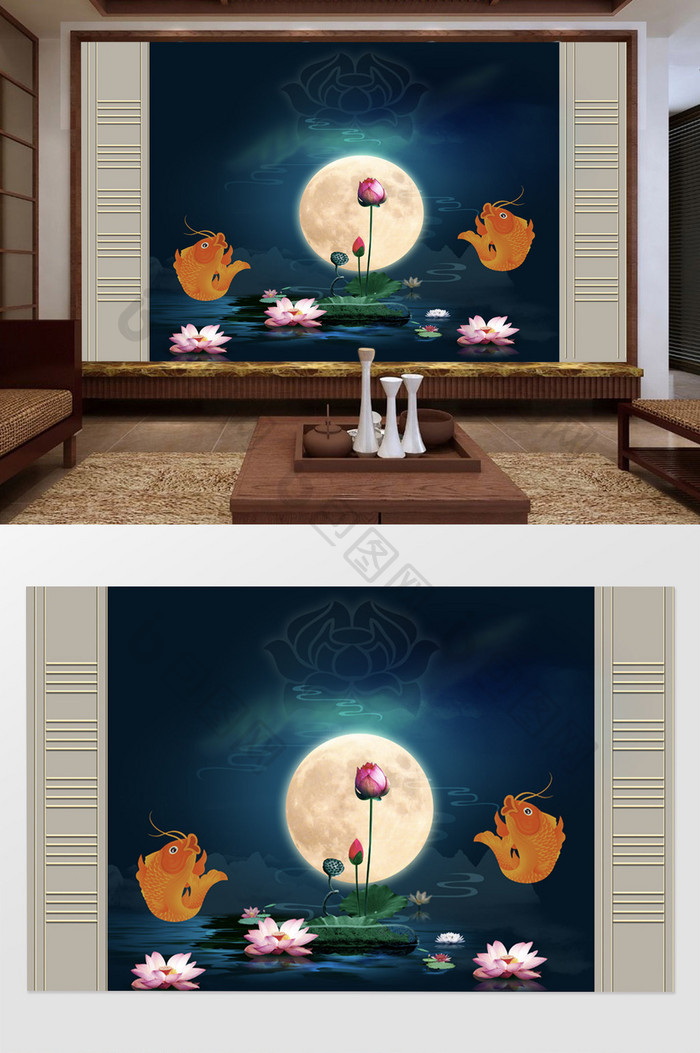 新中式唯美古典荷塘月色锦鱼电视背景墙