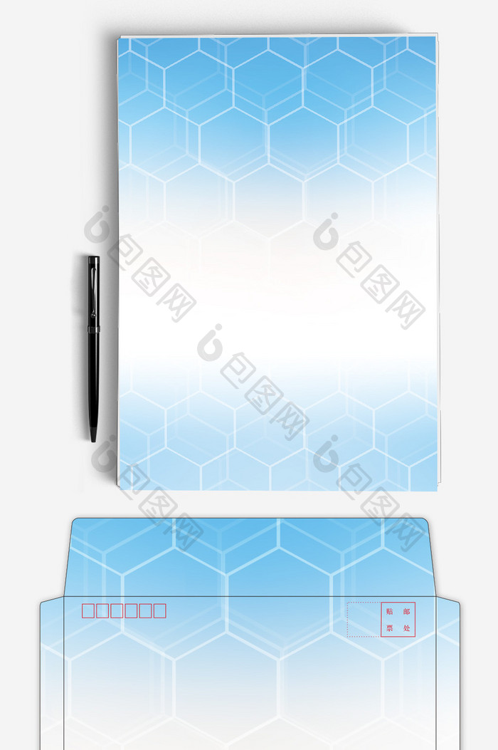 蓝色简约商务科技信封信纸背景word模板