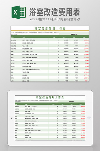 浴室改造费用表Excel模板图片